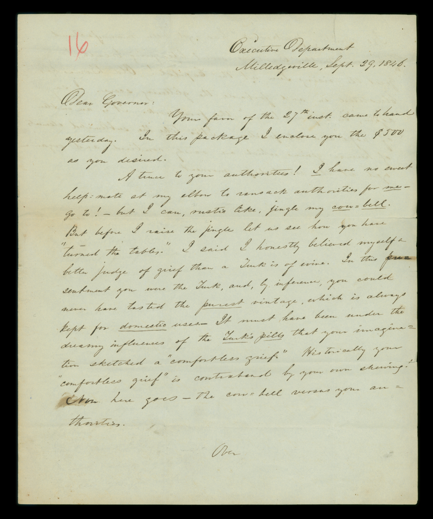Letter, L. J. Anderson, Milledgeville, Georgia, to His Excellency Geo[rge] W. Crawford, Belair, Georgia, Page 1