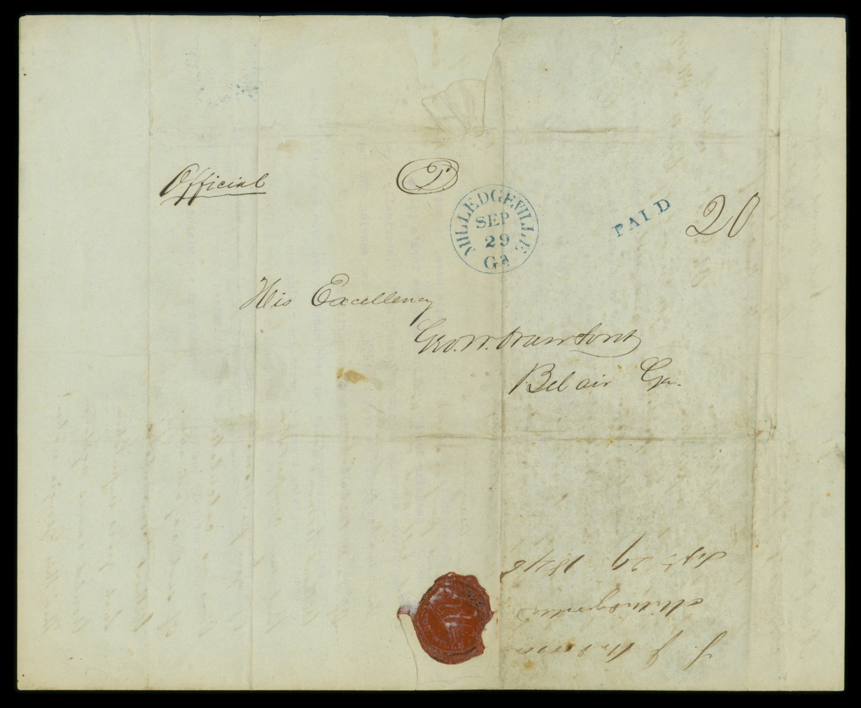 Letter, L. J. Anderson, Milledgeville, Georgia, to His Excellency Geo[rge] W. Crawford, Belair, Georgia, Address Leaf