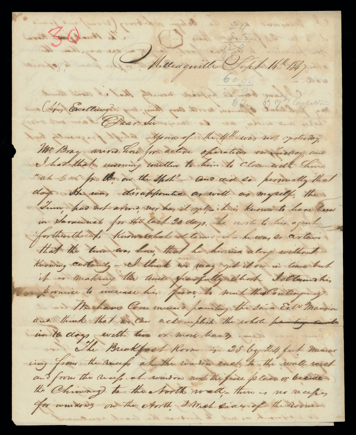 Letter, A. W. Redding, Milledgeville, Georgia, to His Excellency Geo[rge] W. Crawford, Bel-air, Georgia, Page 1