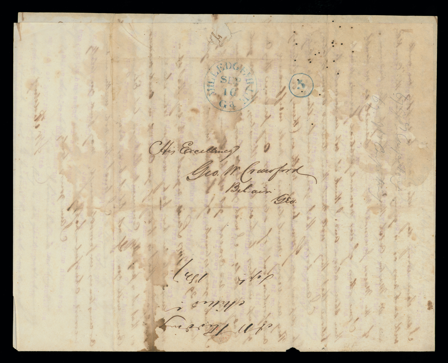Letter, A. W. Redding, Milledgeville, Georgia, to His Excellency Geo[rge] W. Crawford, Bel-air, Georgia, Address Leaf