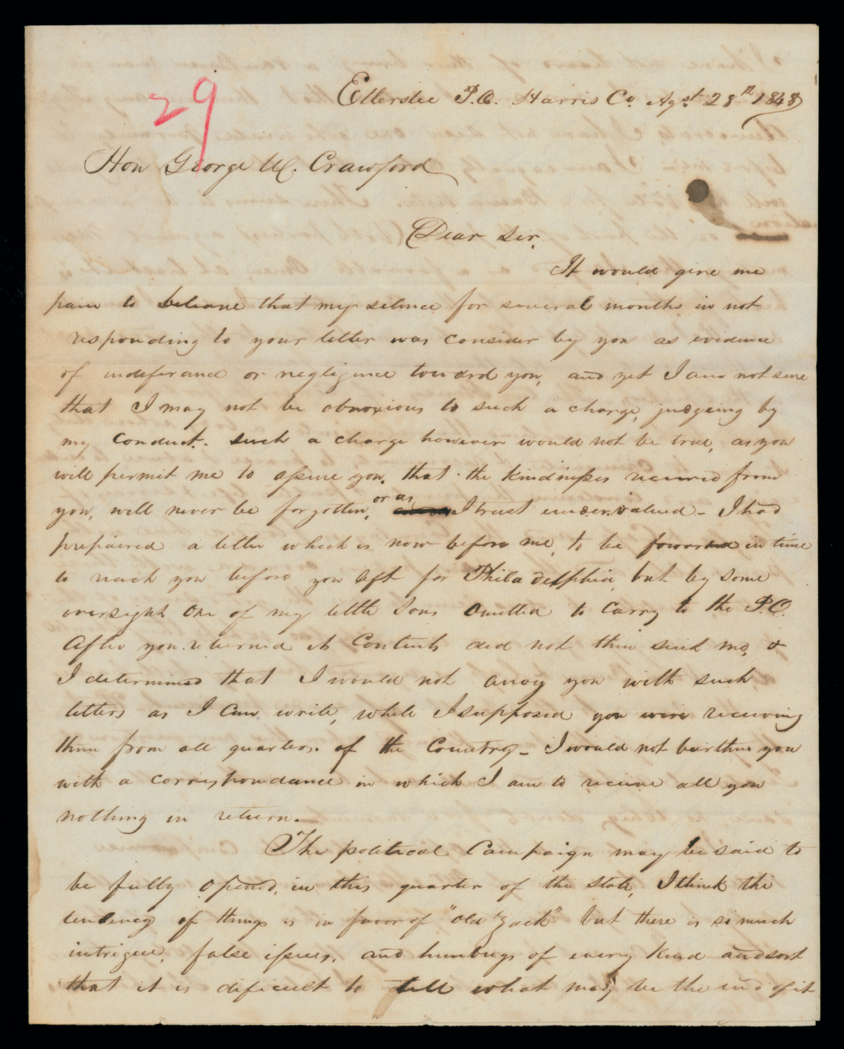 Letter, A. W. Redding, Ellerslee P. O., Harris County, Georgia, to Hon. George W. Crawford, Belair, Richmond County, Georgia, Page 1
