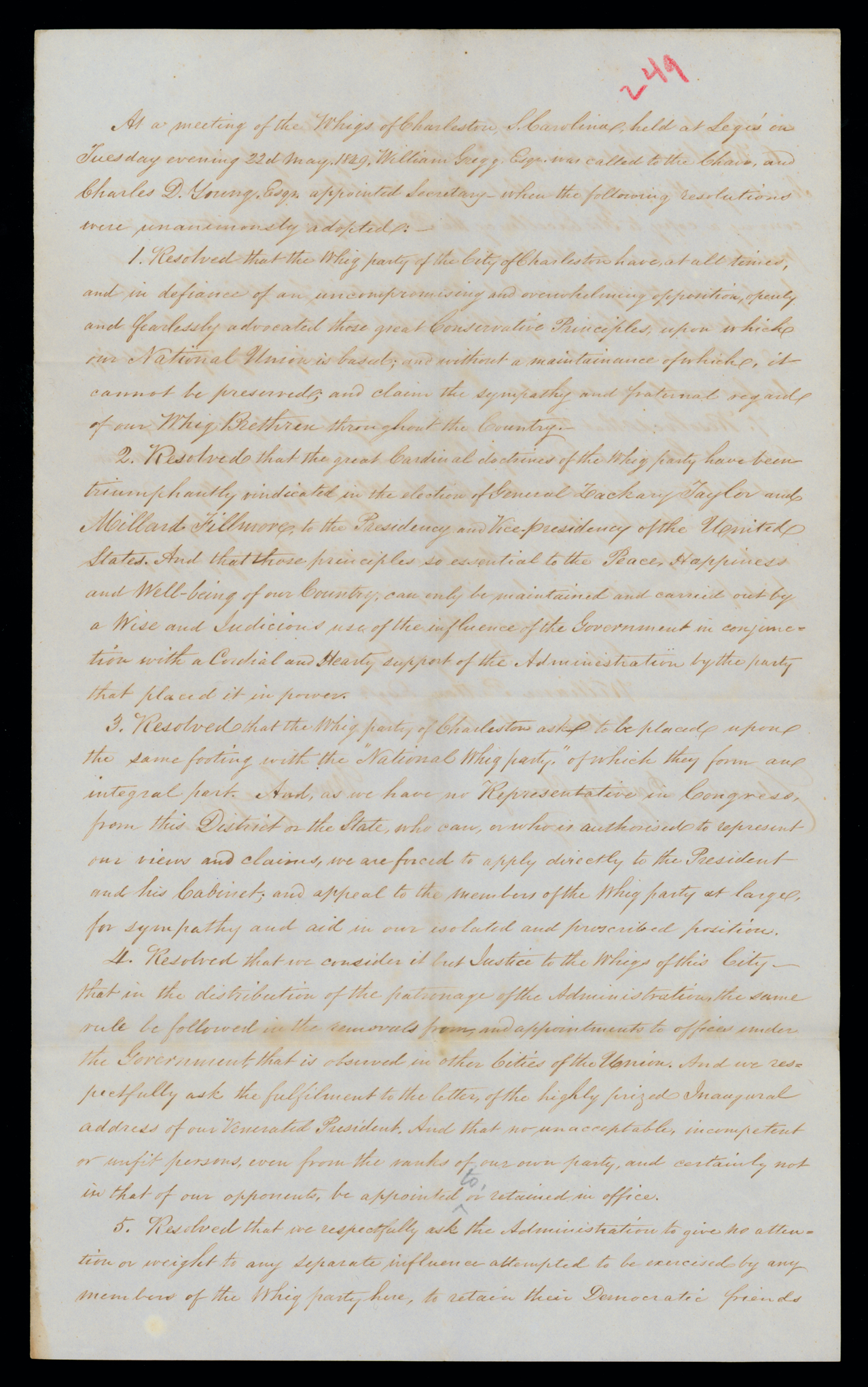 Document, William Gregg, Resolutions adopted at a meeting of the Whig Party of Charleston, South Carolina, Page 1