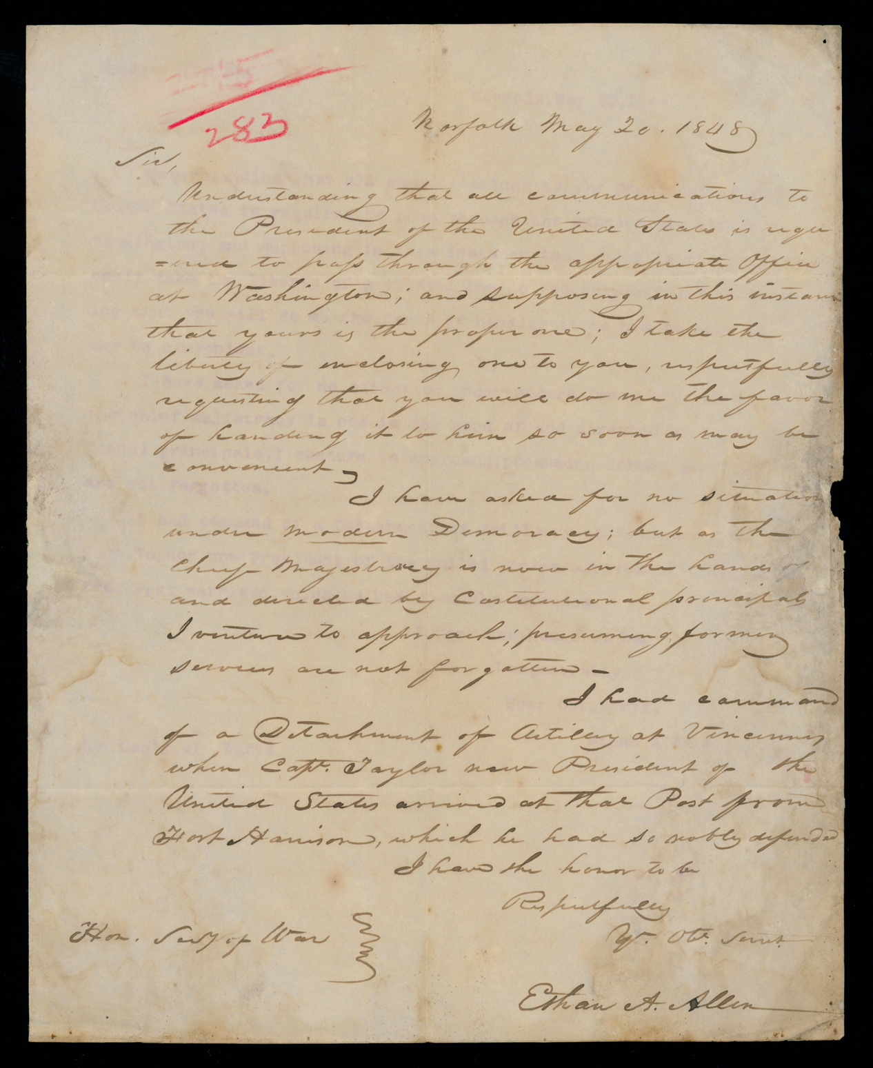 Letter, Ethan A. Allen, Norfolk [Virginia?], to "Hon. Secretary of War" [George W. Crawford], Washington City, D.C., Page 1