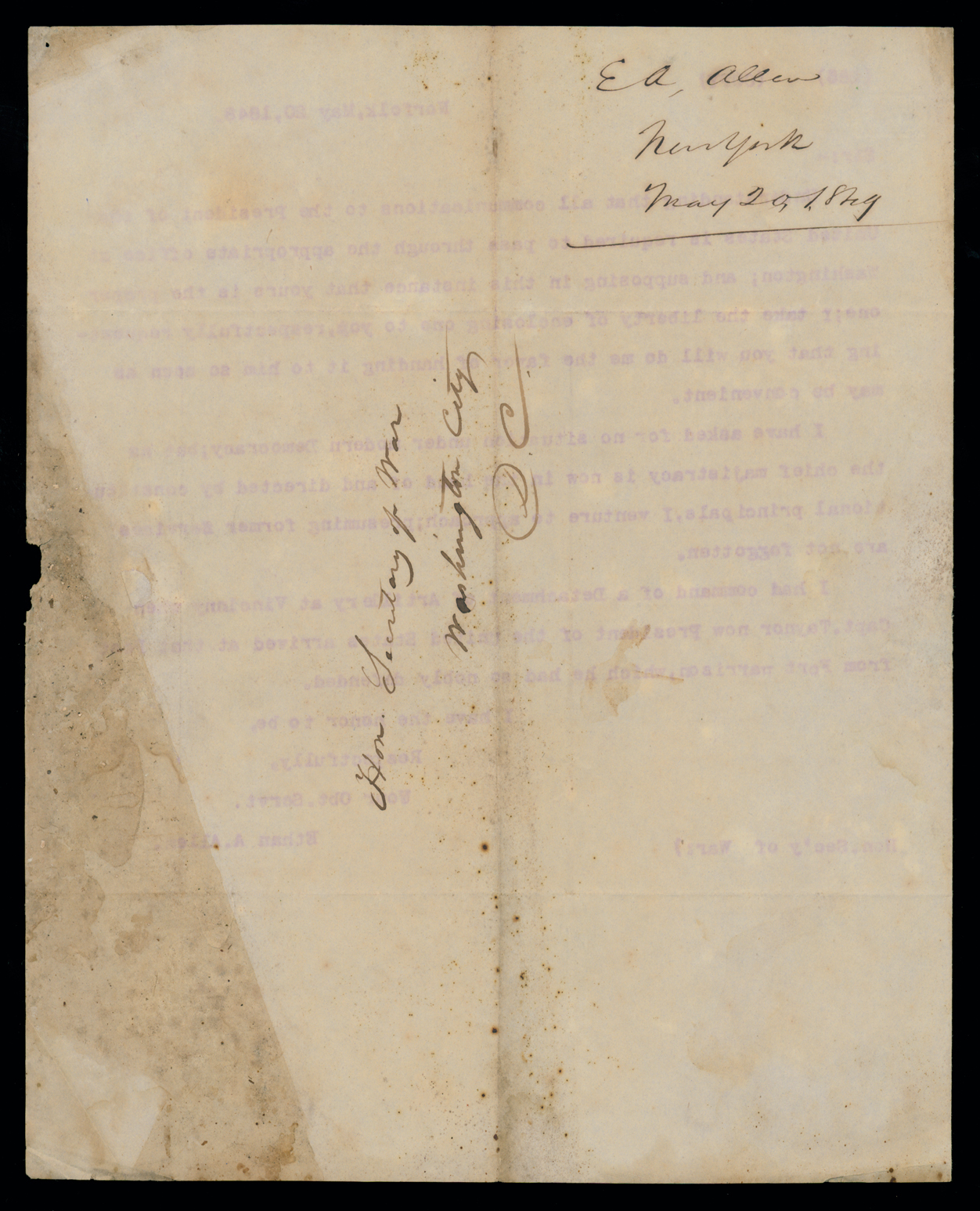 Letter, Ethan A. Allen, Norfolk [Virginia?], to "Hon. Secretary of War" [George W. Crawford], Washington City, D.C., Address Leaf