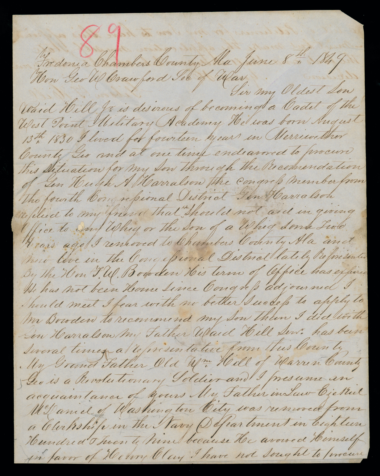 Letter, Gibson F. Hill, Fredonia, Alabama, to "Hon. Geo[rge] W. Crawford Sec[retary] of War," Washington City, D.C., Page 1