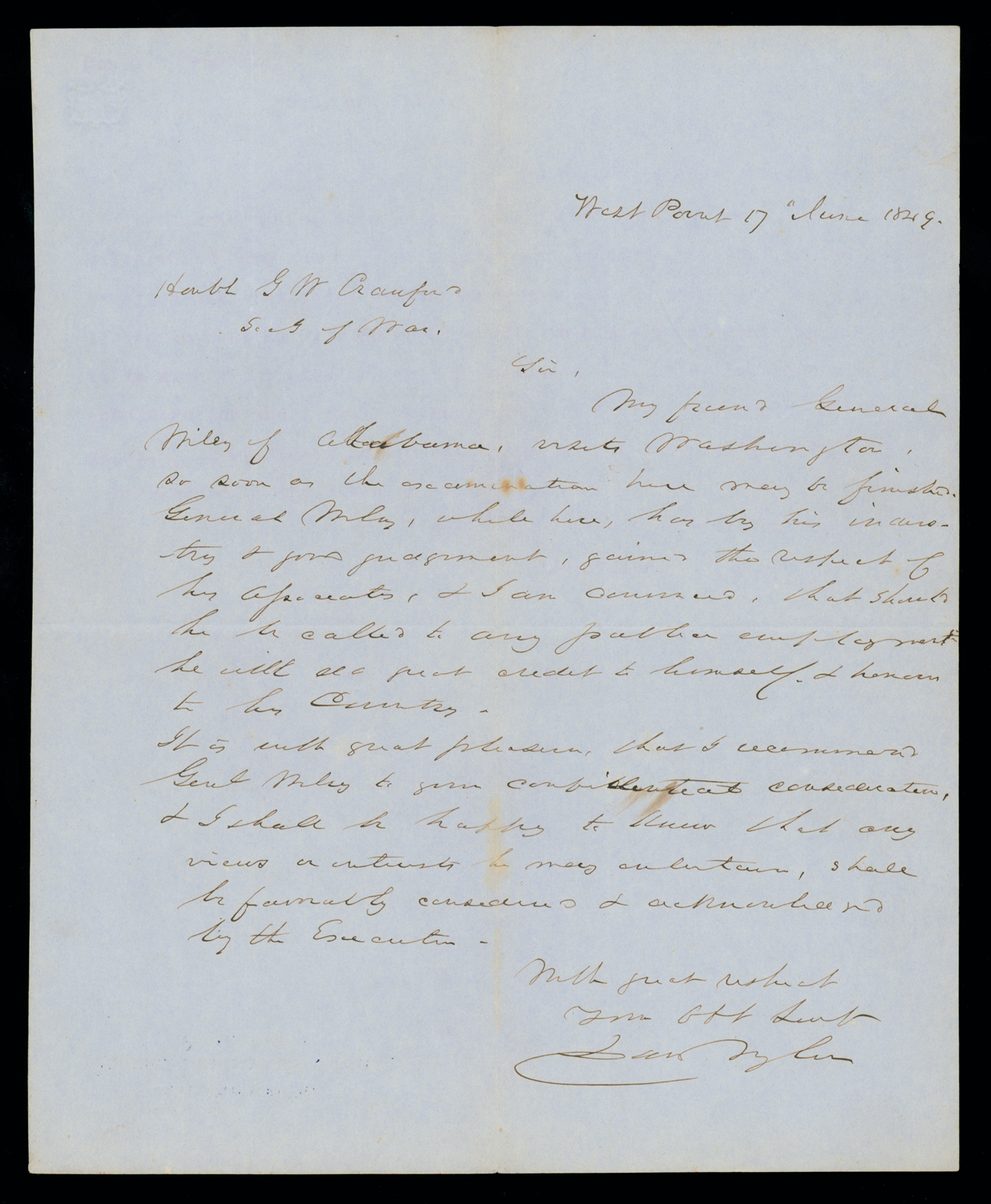 Letter, Dan[iel] Tyler, West Point, New York to Honbl G[eorge] W. Crawford, n. p.