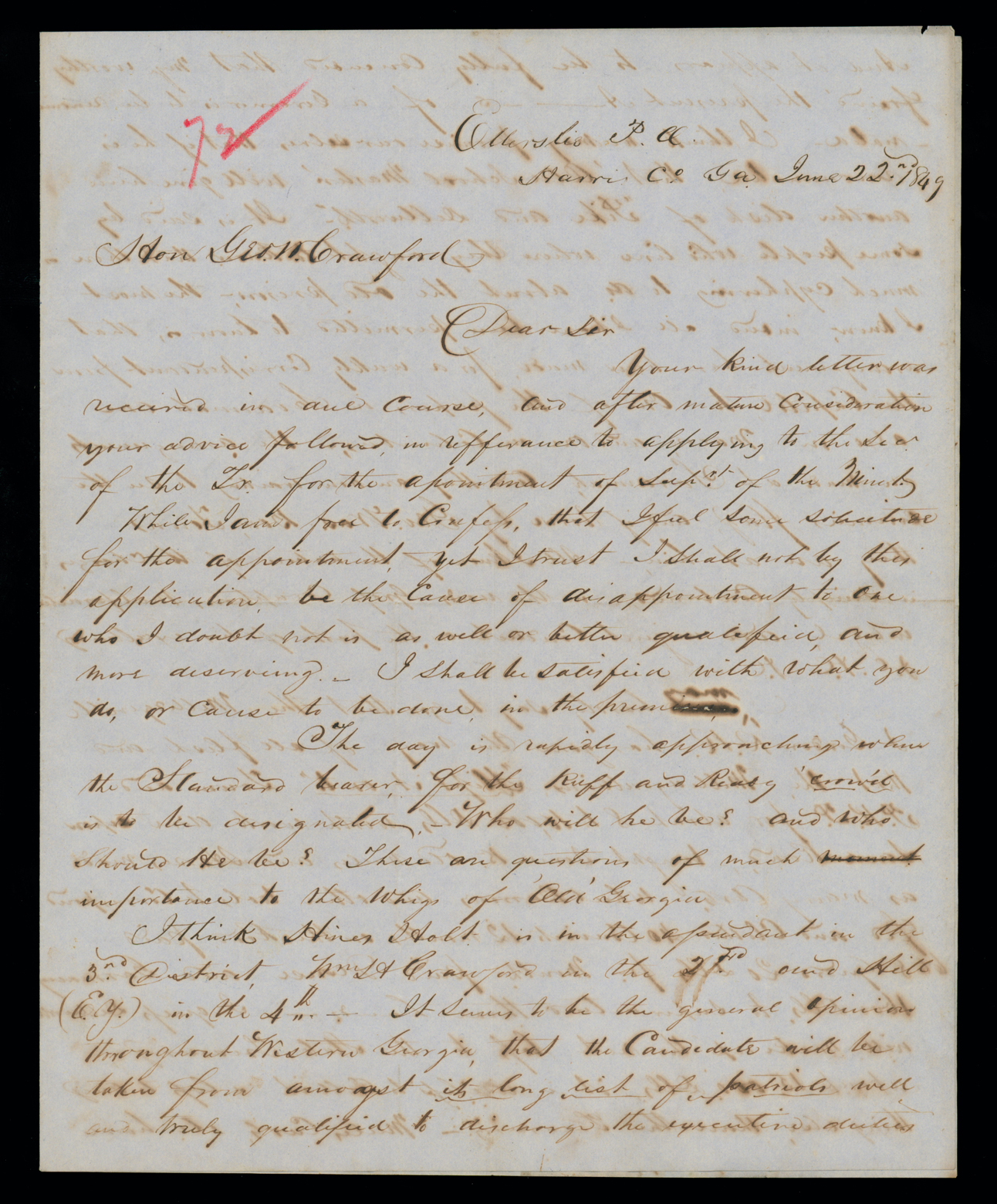 Letter, A. W. Redding, Ellerslie P. O., Harris Co. Georgia, to Hon. Geo[rge] W. Crawford, n. p., Page 1
