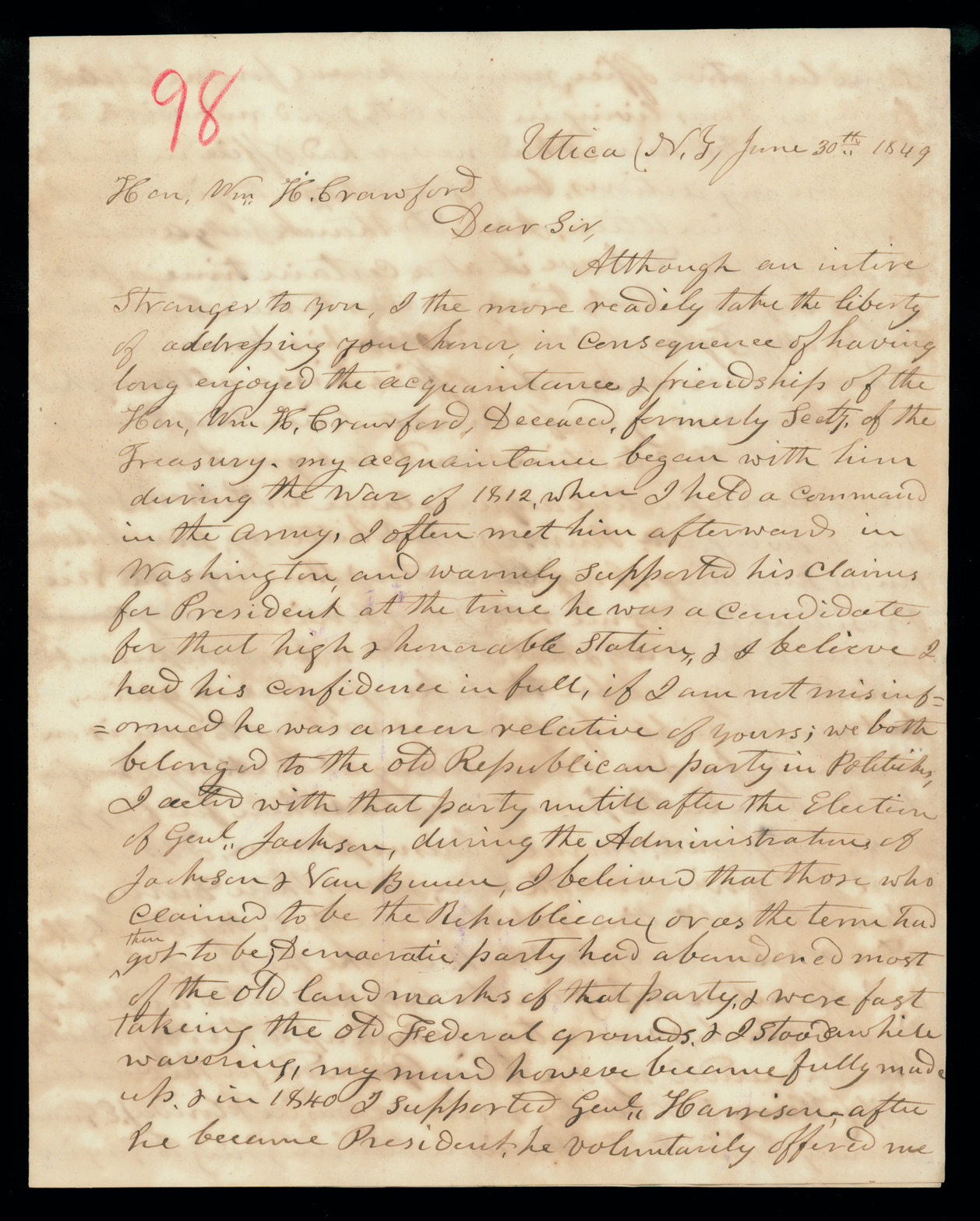 Letter, Chester Griswold, Utica, New York, to "Hon. W[illia]m. H. Crawford" [George W. Crawford], n. p., Page 1