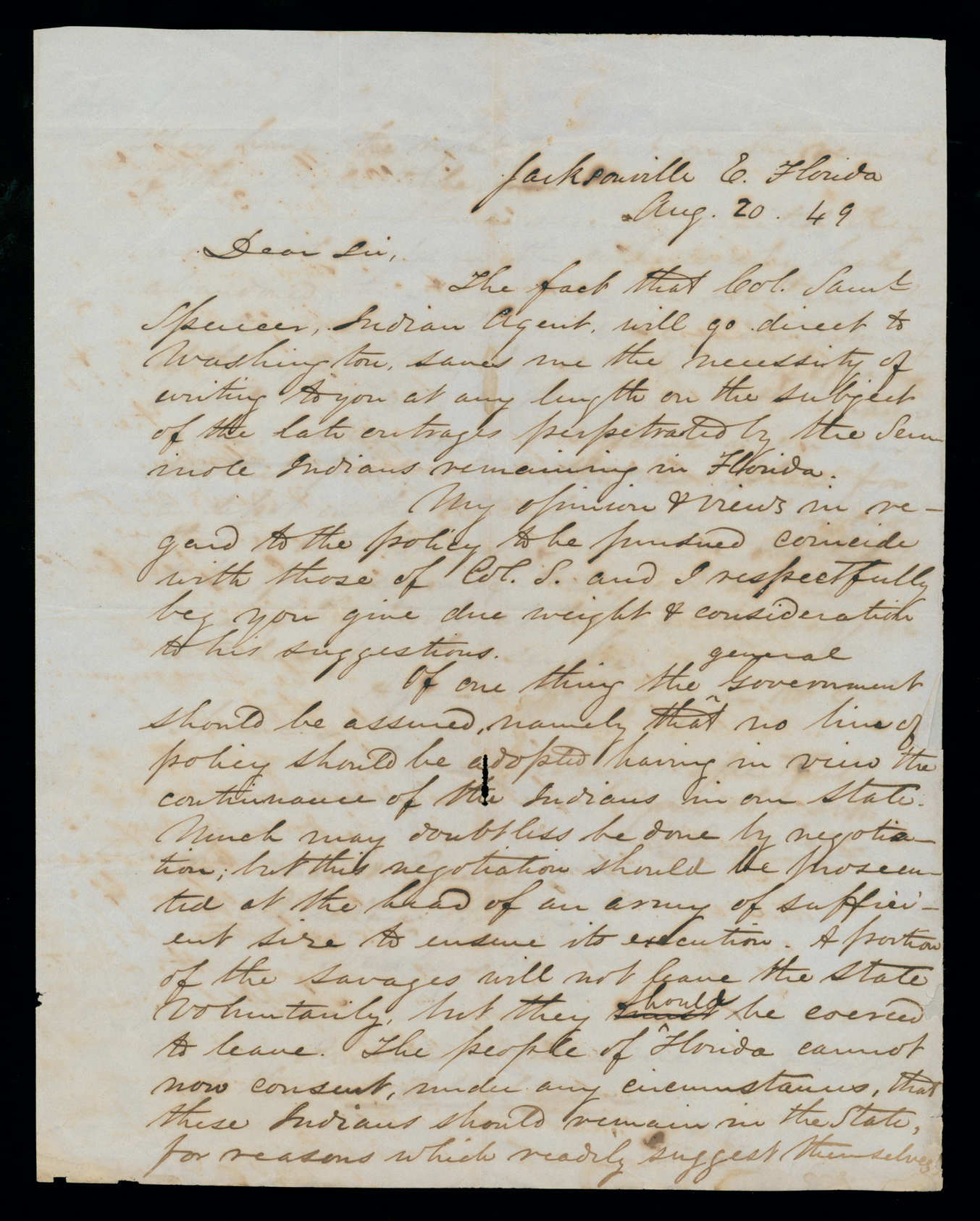 Letter, E[dward] C[arrington] Cabell, Jacksonville, Florida, to Hon Geo[rge] W. Crawford, Washington D.C., Page 1
