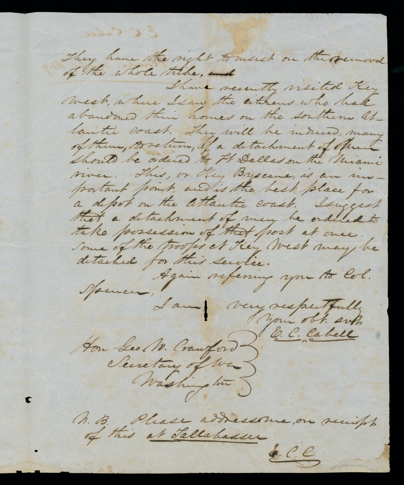 Letter, E[dward] C[arrington] Cabell, Jacksonville, Florida, to Hon Geo[rge] W. Crawford, Washington D.C., Page 2