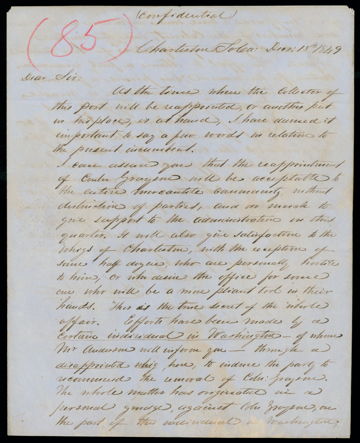 Letter, F. M. Robertson, Charleston, South Carolina, to Honbl.George W. Crawford, Washington D.C., Page 1