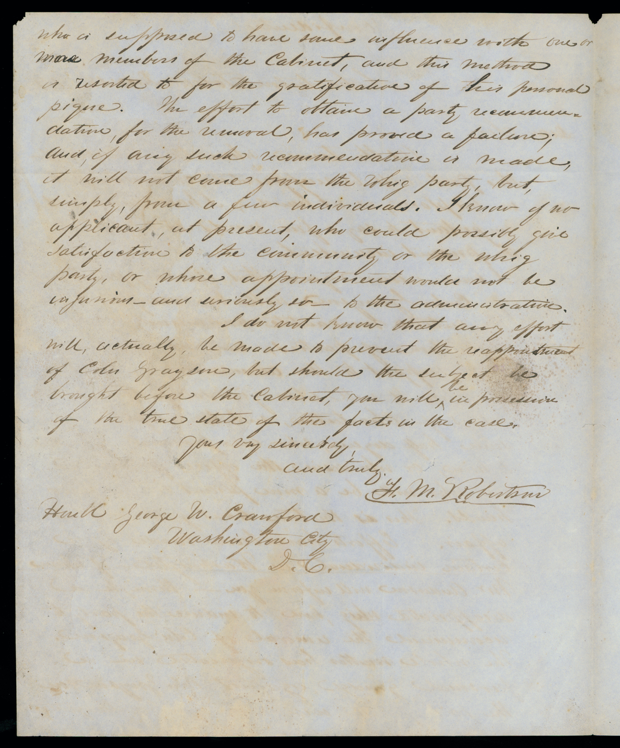 Letter, F. M. Robertson, Charleston, South Carolina, to Honbl.George W. Crawford, Washington D.C., Page 2