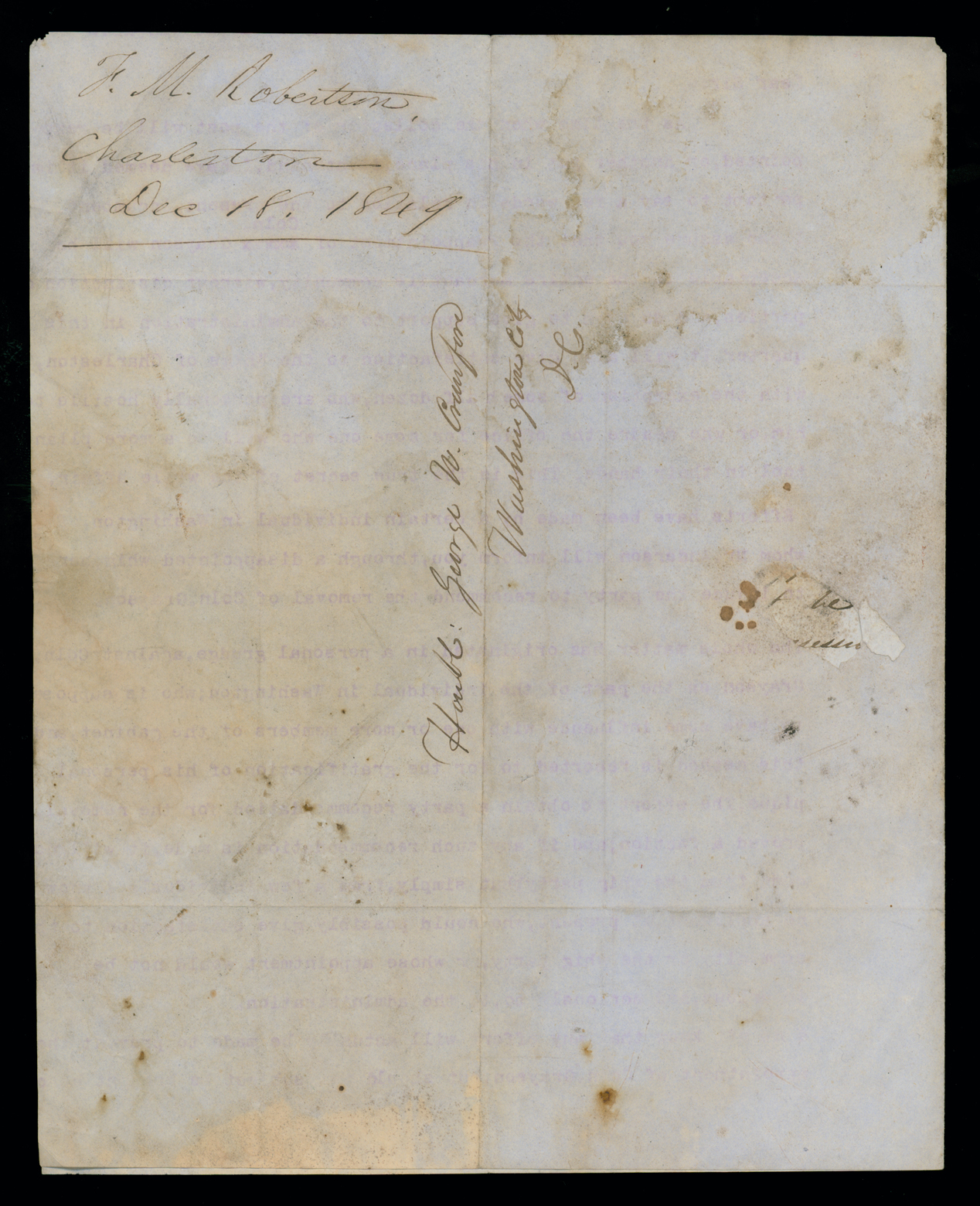 Letter, F. M. Robertson, Charleston, South Carolina, to Honbl.George W. Crawford, Washington D.C., Address Leaf