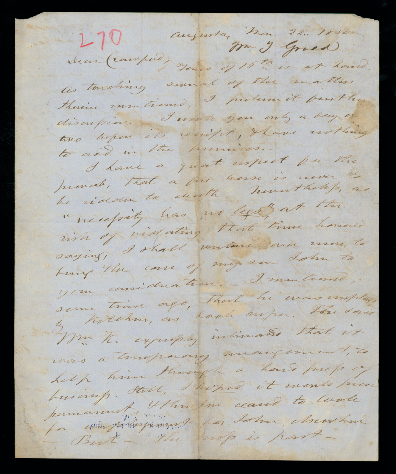 Letter, W[illia]m Gould, Augusta, Georgia, to "Dear Crawford" [George W. Crawford], n. p., Page 1