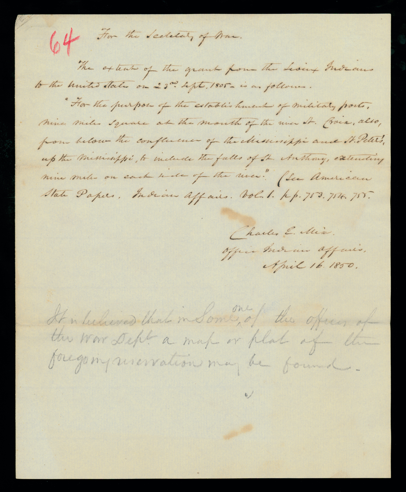 Note, Charles E. Mix, Office of Indian Affairs, to [George W. Crawford], n. p., Page 1
