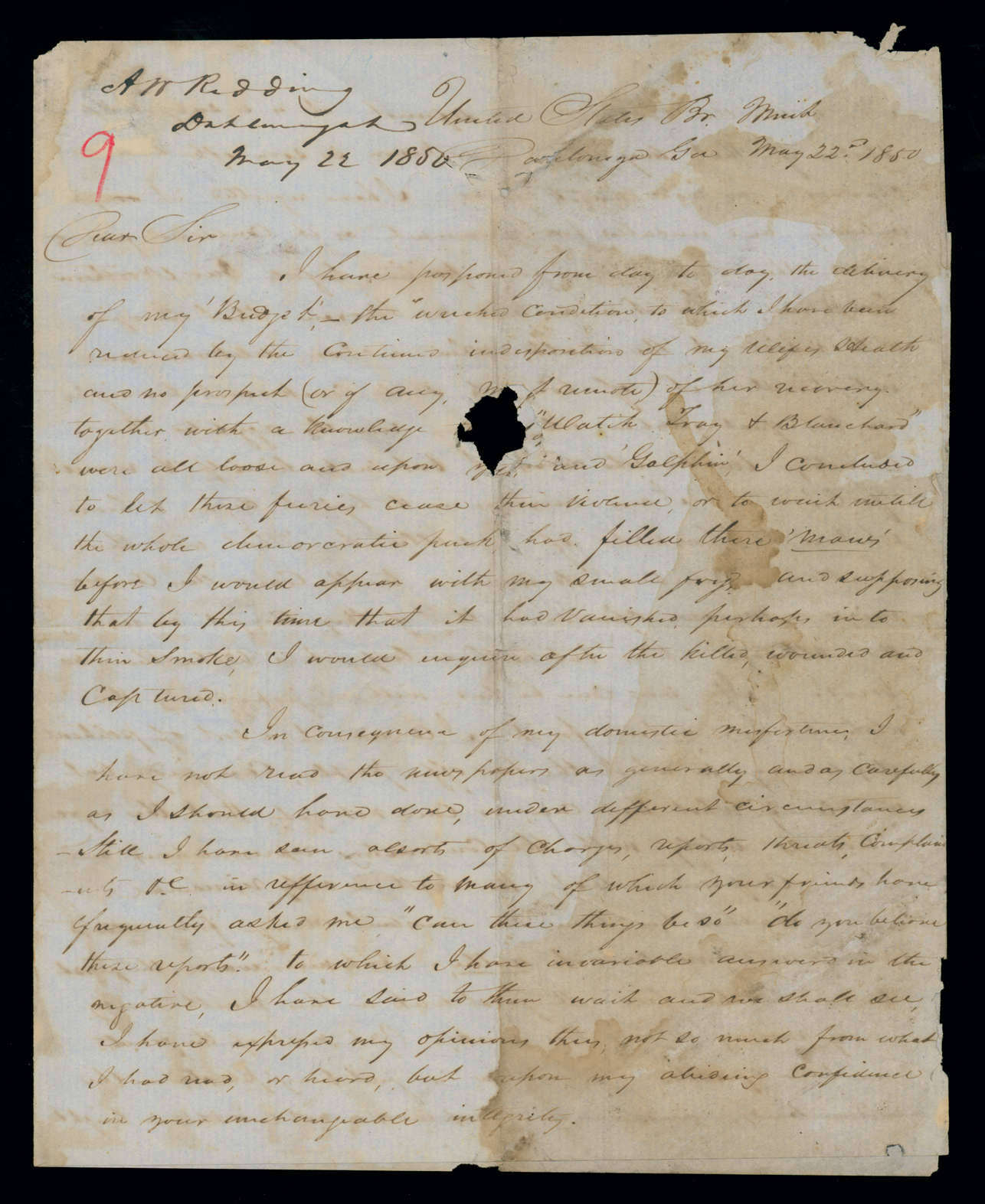 Letter, A. W. Redding, Dahlonega, Georgia, to "Dear Sir" [George W. Crawford], n. p., Page 1