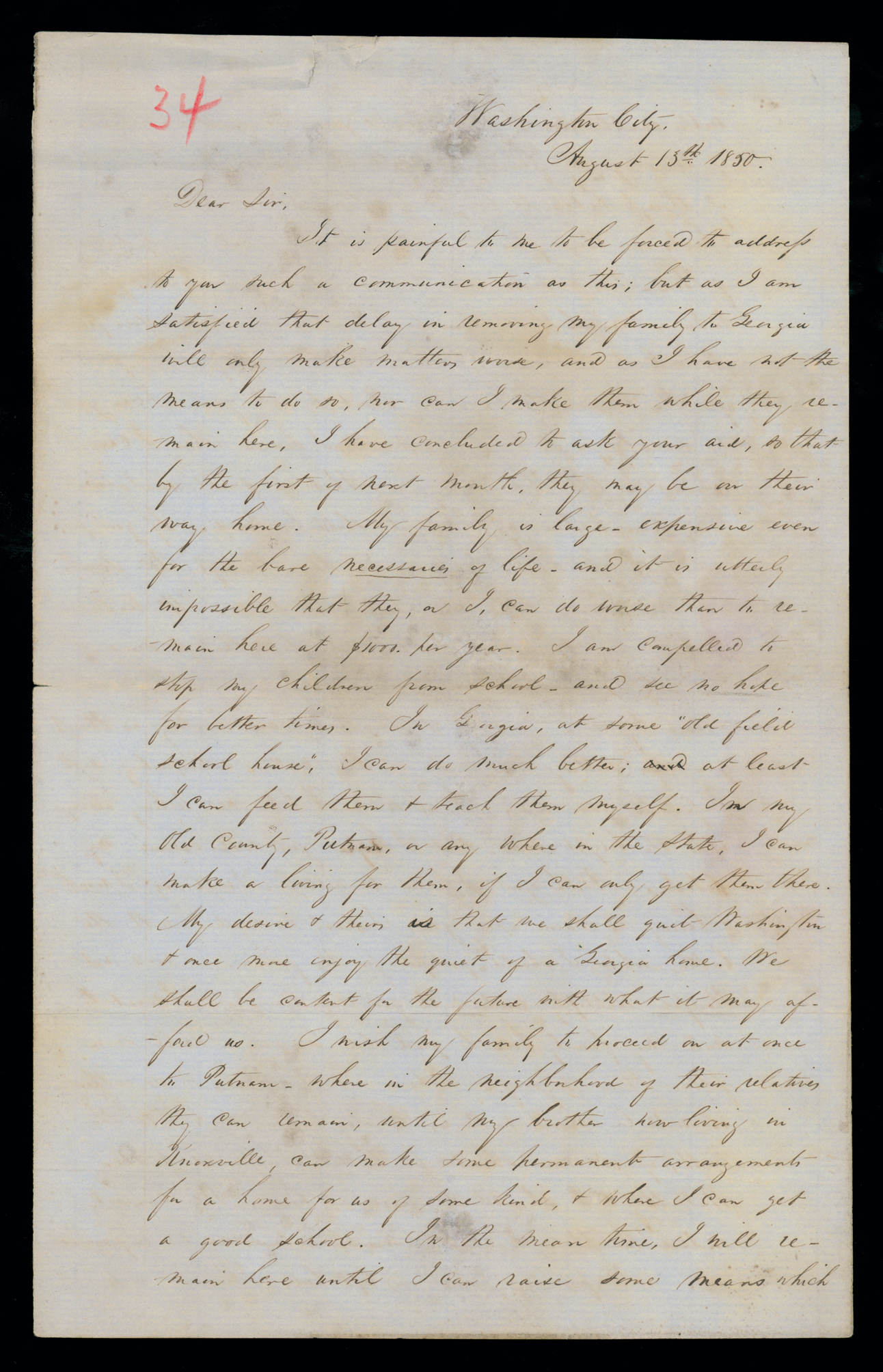 Letter, J[ohn] H. Steele, Washington D. C., to Hon. Geo[rge] W. Crawford], n. p., Page 1