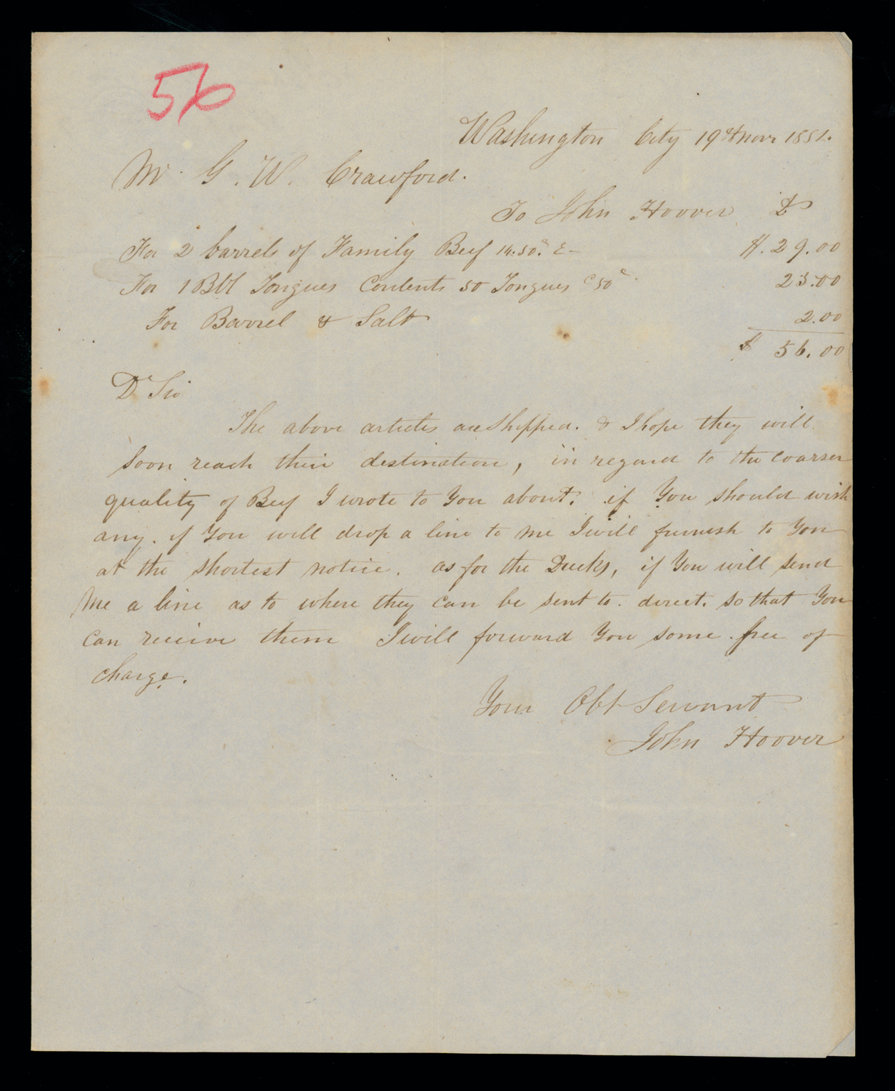Letter, John Hoover, Washington D. C., to Geo[rge] W. Crawford, Bel Air, Georgia, Page 1