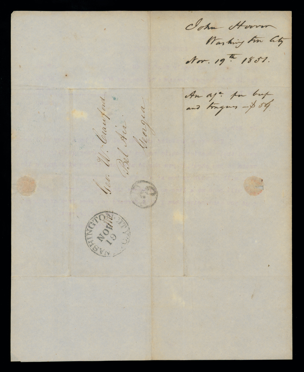 Letter, John Hoover, Washington D. C., to Geo[rge] W. Crawford, Bel Air, Georgia, Address Leaf