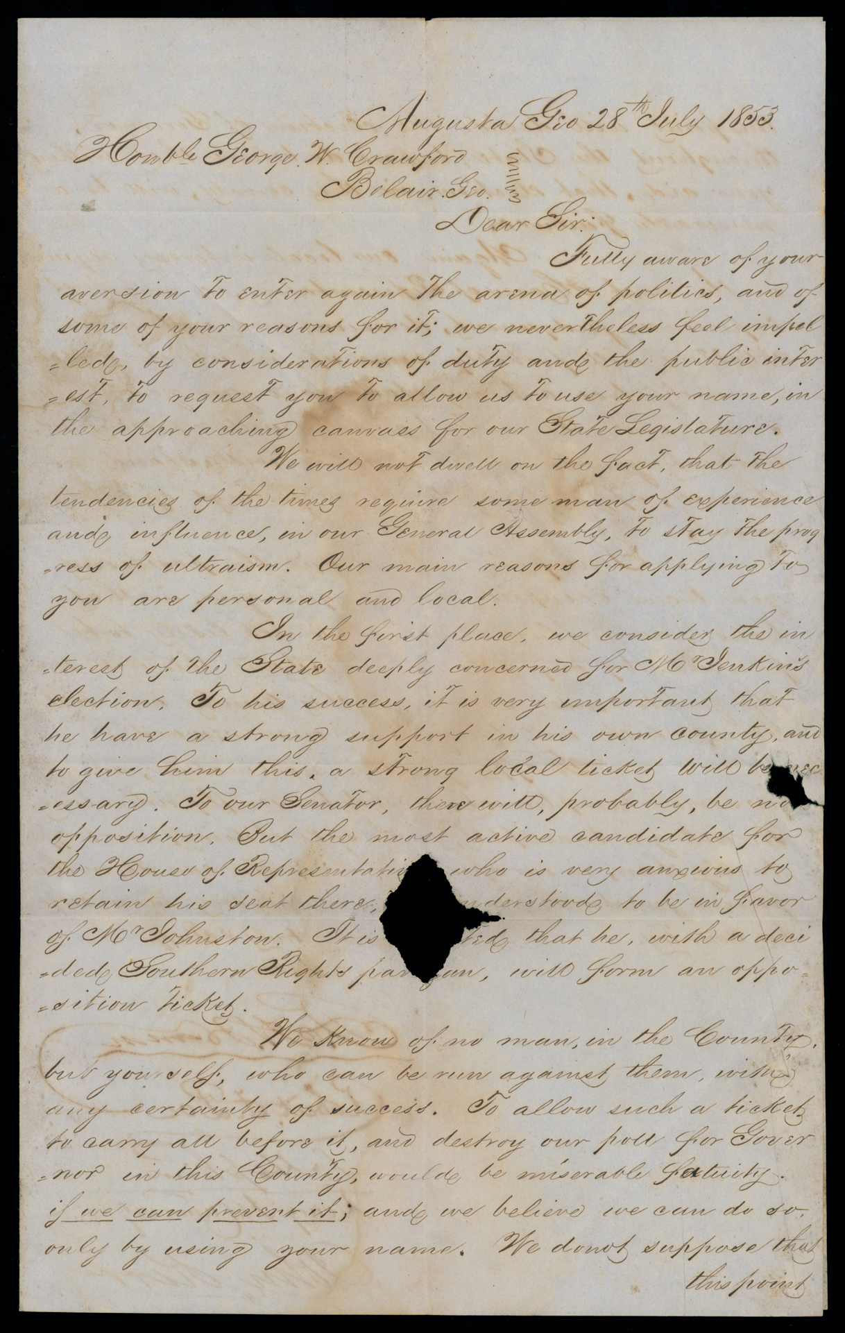 Letter, B. H. Hann, et al, Augusta, Georgia, to Honble George W. Crawford, Belair, Georgia, Page 1