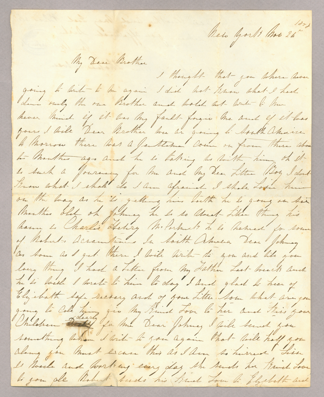 Letter. Jane McCormick, New York, New York, to "My Dear Brother" [John E. Brownlee], n. p.