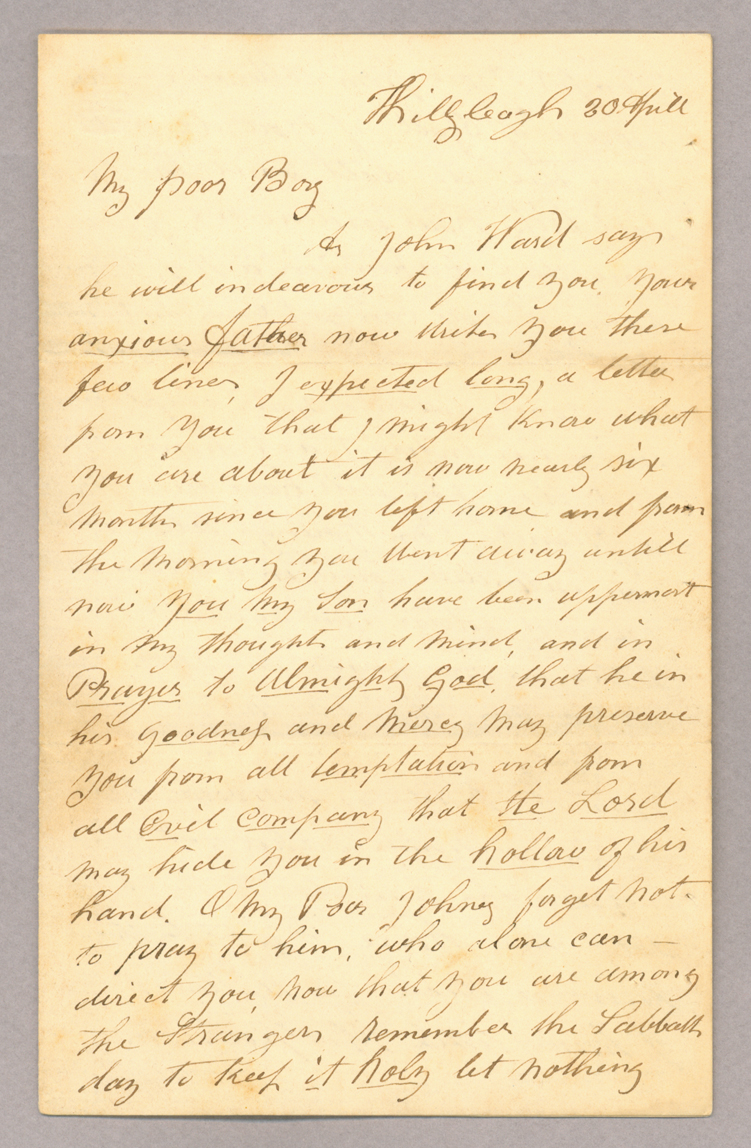 Letter. R[obert] Brownlee, Killyleagh, Ireland to "My poor Boy" [John E. Brownlee], n. p.