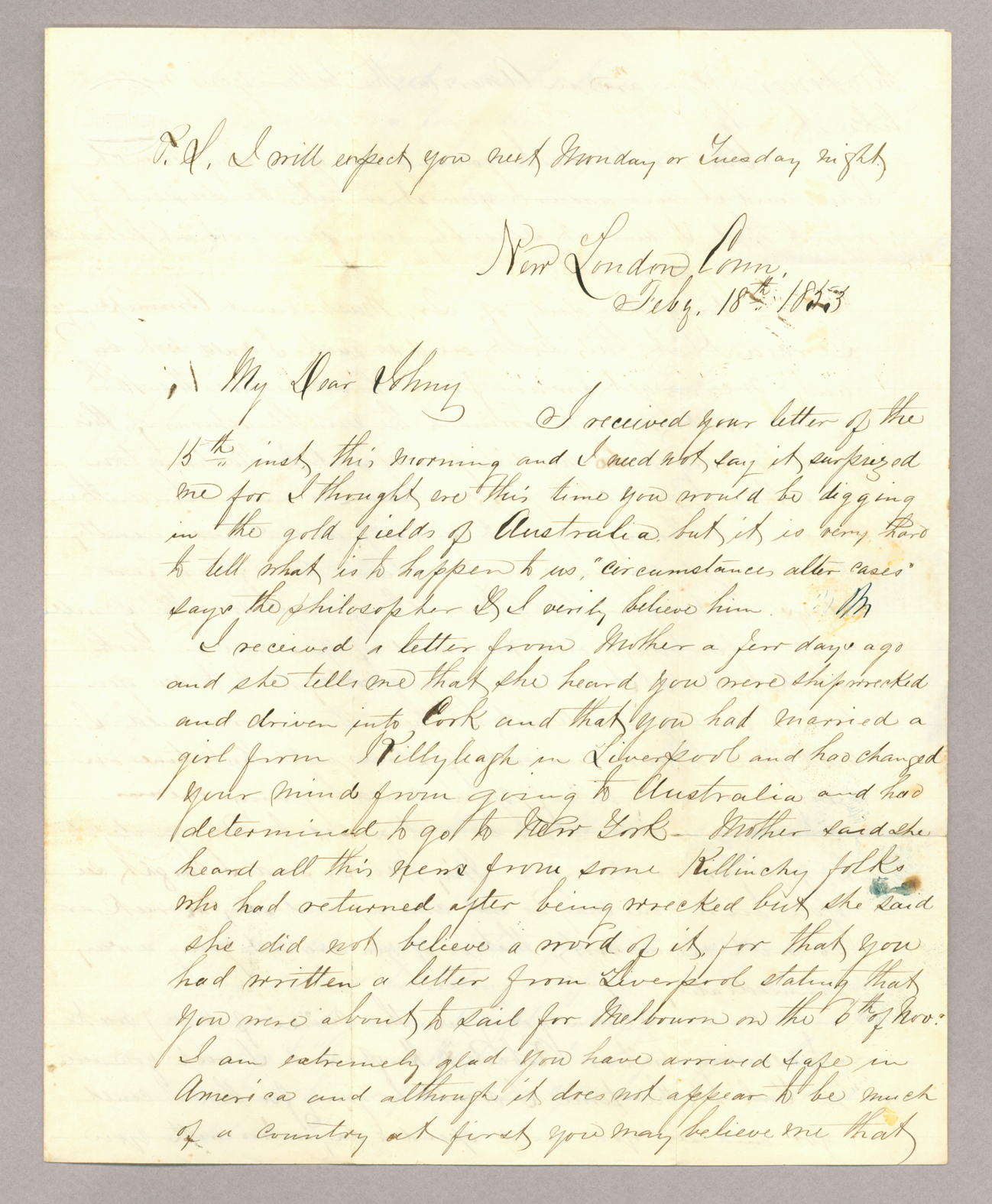 Letter. Tho[ma]s L[owry] Young, New London, Connecticut, to Mr. John [E.] Brownlee, New York, New York, Page 1
