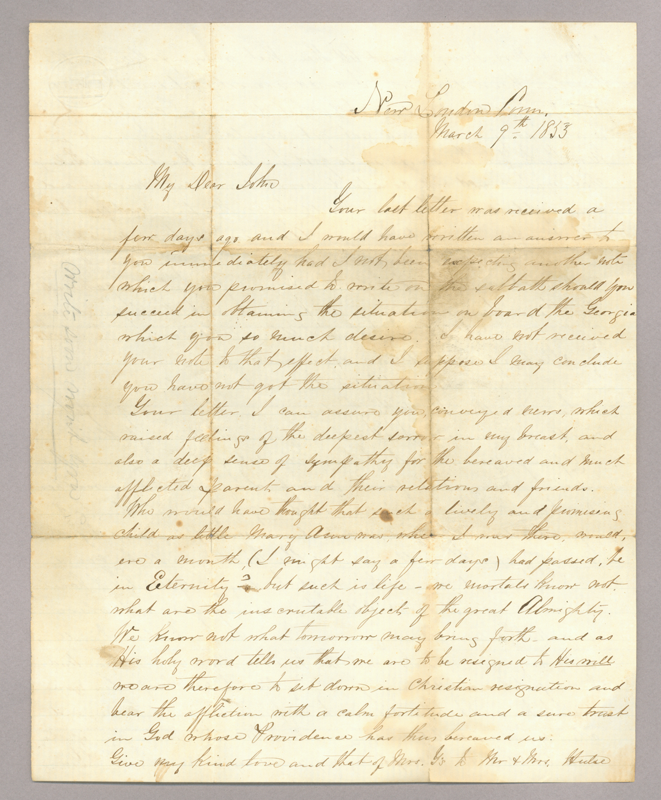 Letter. T[homas] L[owry] Young, New London, Connecticut, to "My Dear John" [John E. Brownlee], n. p., Page 1