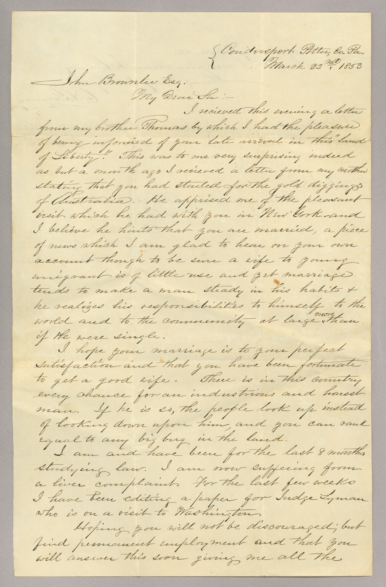 Letter. H[ugh] Young, Coudersport, Pennsylvania, to John [E.] Brownlee Esq., New York, New York, Page 1