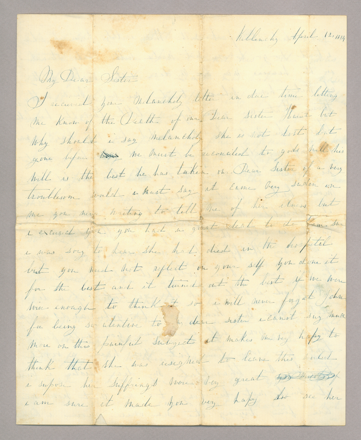 Letter. S[arah] Ann McKee, Killinchy, Ireland, to Mrs. John [Elizabeth Savage] Brownlee, New York, New York, Page 1