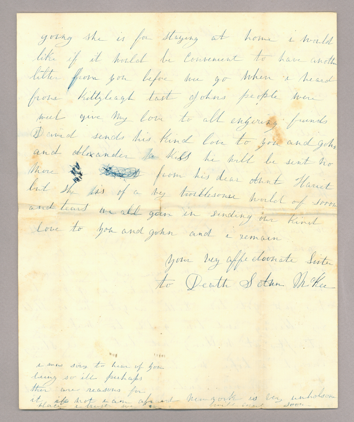 Letter. S[arah] Ann McKee, Killinchy, Ireland, to Mrs. John [Elizabeth Savage] Brownlee, New York, New York, Page 4
