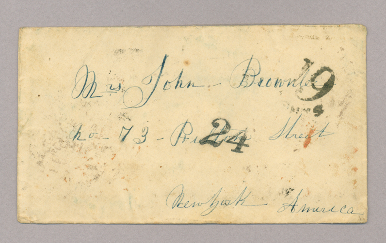 Letter. S[arah] Ann McKee, Killinchy, Ireland, to Mrs. John [Elizabeth Savage] Brownlee, New York, New York, Envelope Side 1