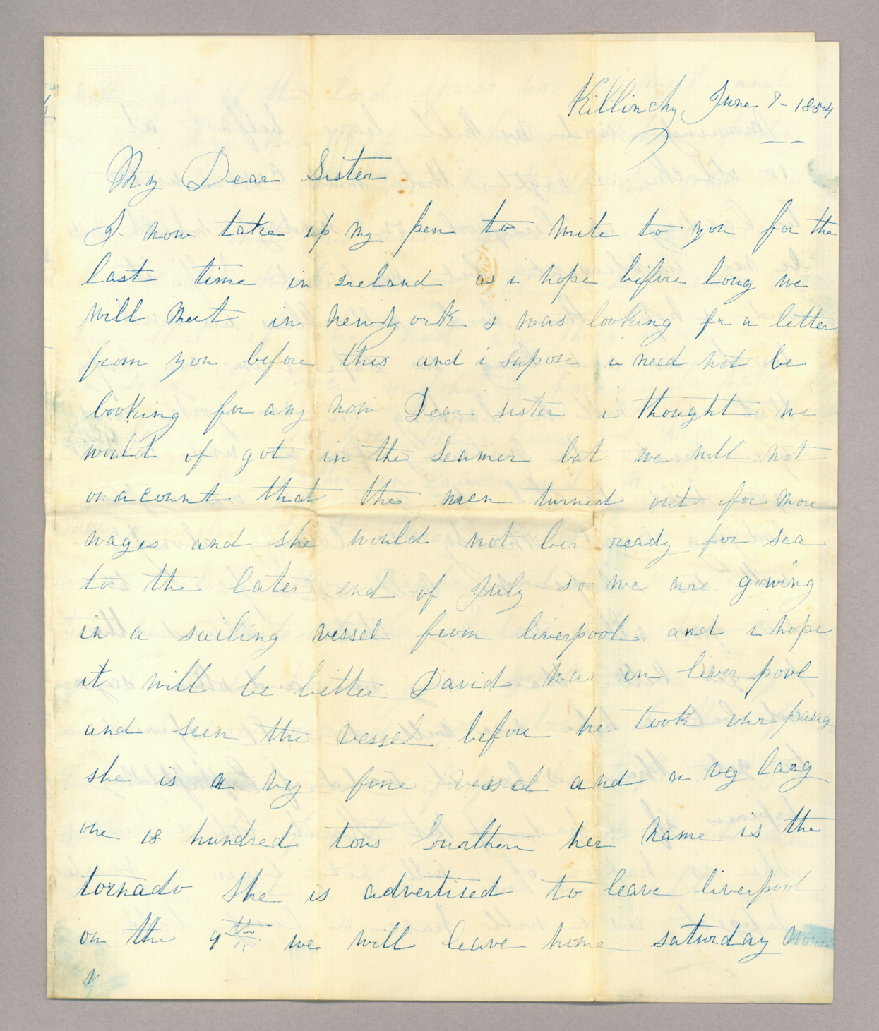 Letter. Sarah Ann McKee, Killinchy, Ireland, to "My Dear Sister" [Elizabeth Savage Brownlee], n. p., Page 1