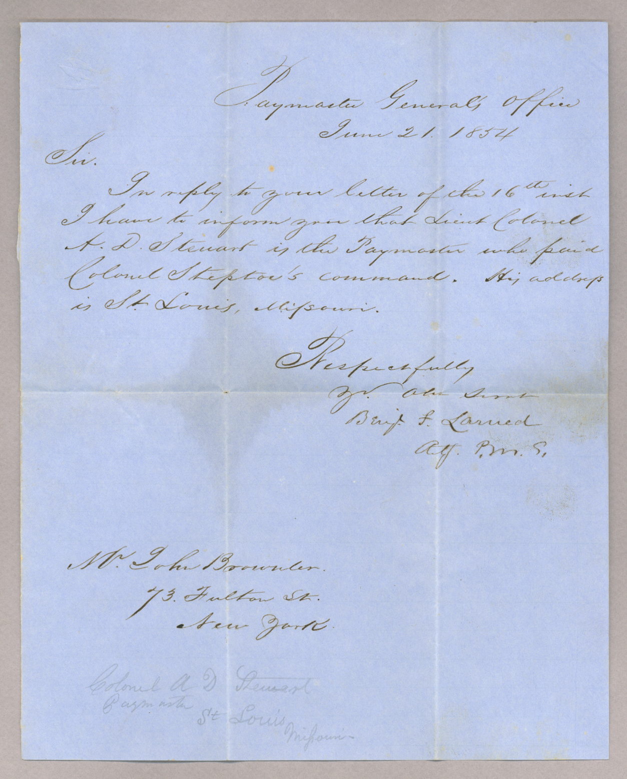 Letter. Benj[amin] F. Larned, Washington D. C., to Mr. John Brownlee, New York, New York, Page 1