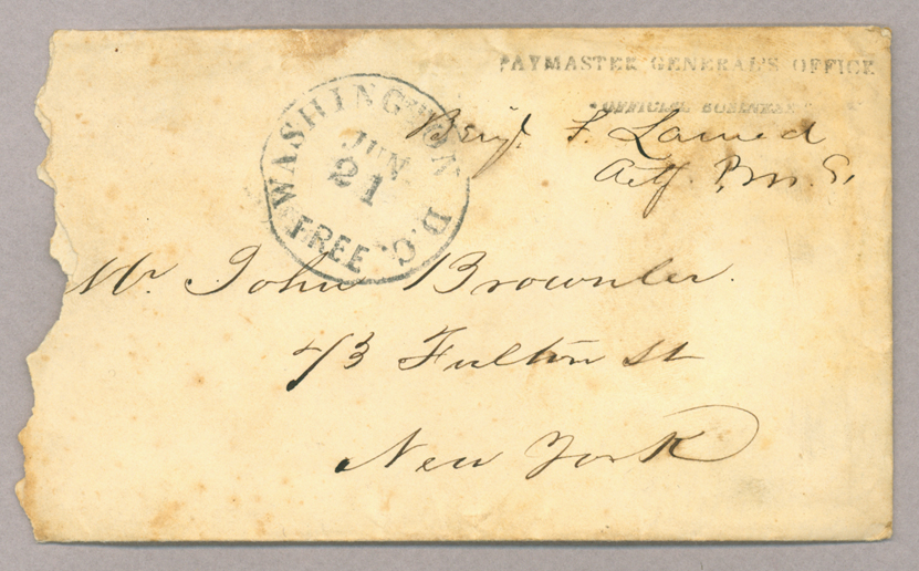 Letter. Benj[amin] F. Larned, Washington D. C., to Mr. John Brownlee, New York, New York, Envelope Side 1