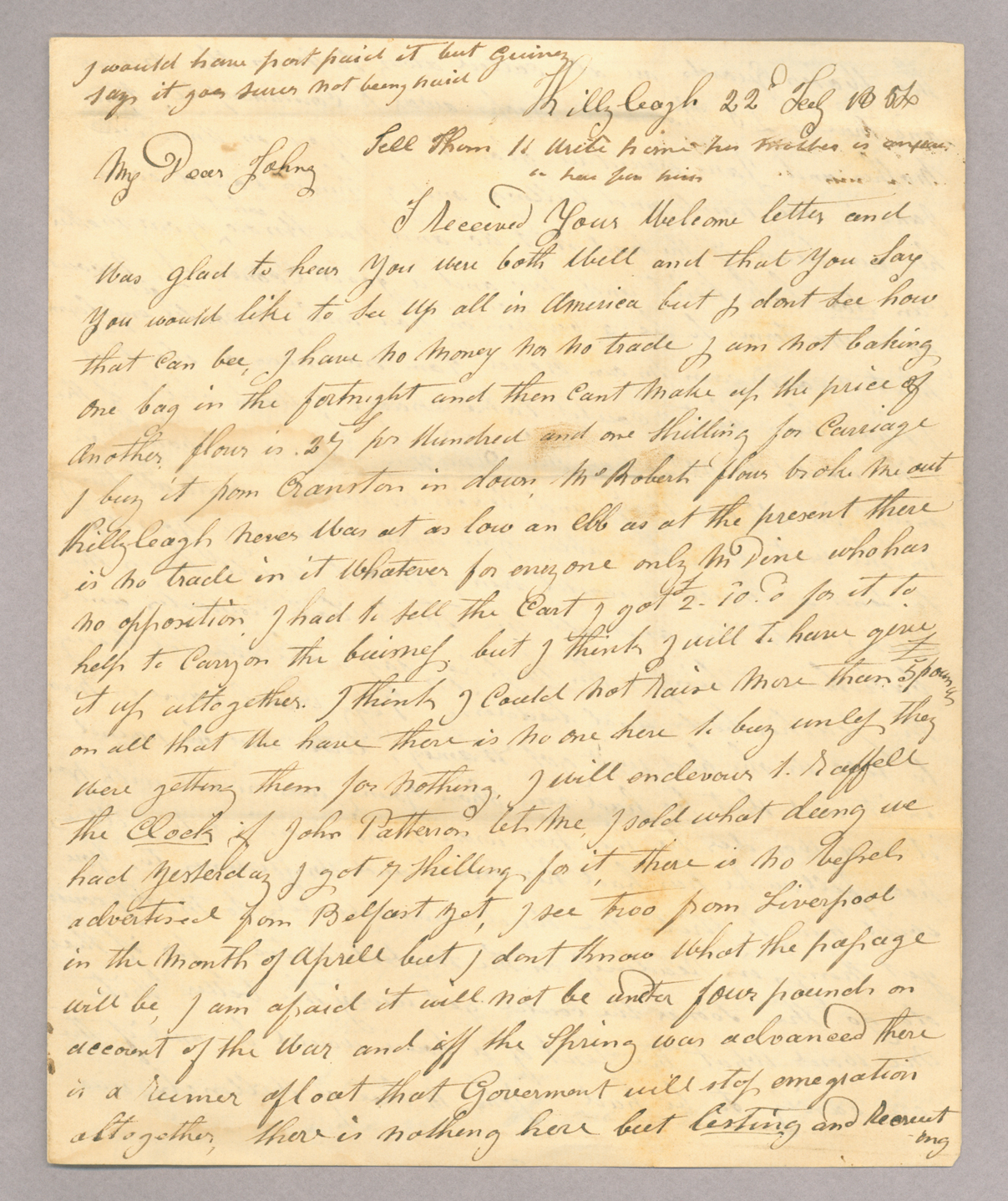 Letter. R[obert] B[rownlee], Killyleagh, Ireland, to "My Dear Johny" [John E. Brownlee], n. p., Page 1