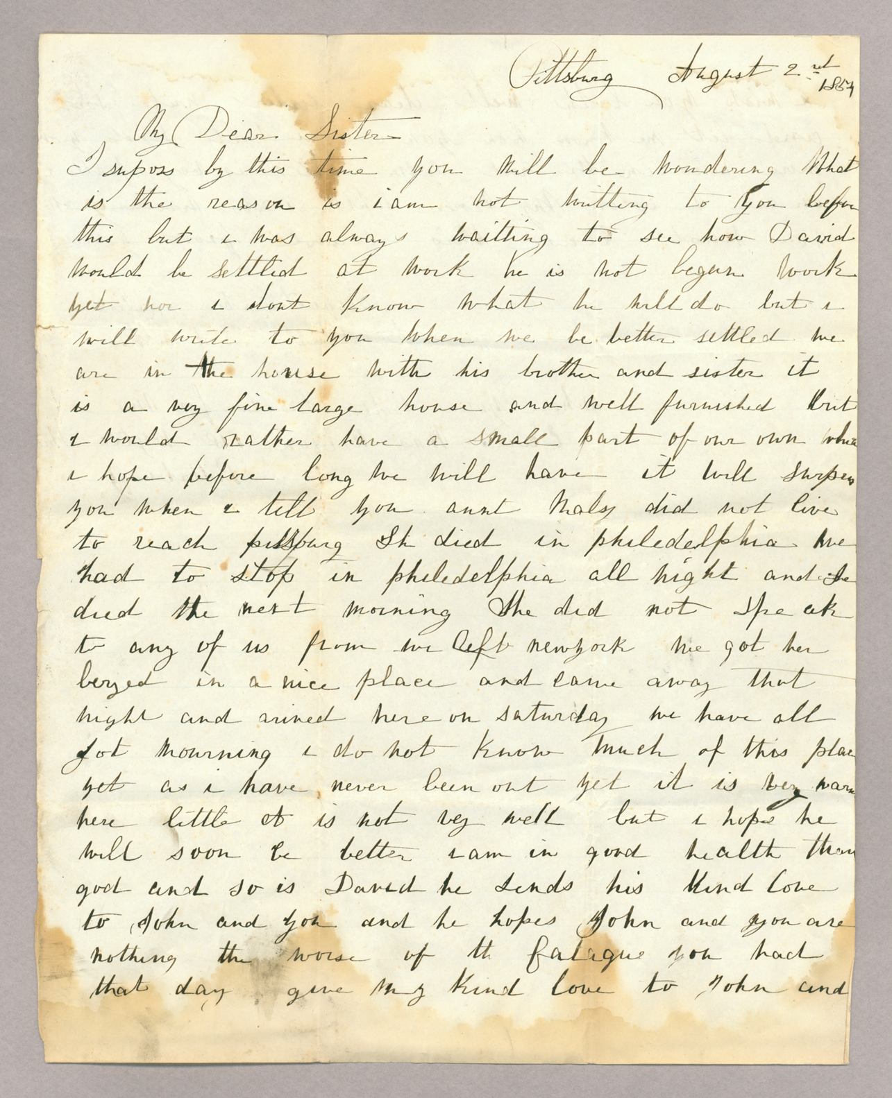 Letter. S[arah] A[nn] McKee, Pittsburgh, Pennsylvania, to "My Dear Sister" [Elizabeth Savage Brownlee], n. p., Page 1