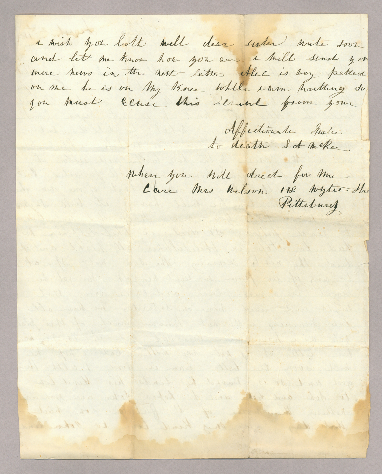 Letter. S[arah] A[nn] McKee, Pittsburgh, Pennsylvania, to "My Dear Sister" [Elizabeth Savage Brownlee], n. p., Page 2
