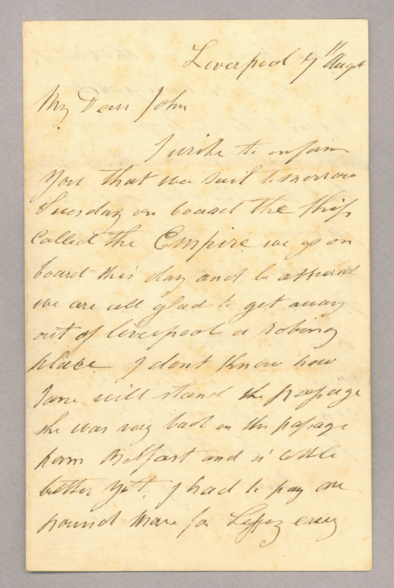 Letter. R[obert] Brownlee, Liverpool, England, to "My Dear John" [John E. Brownlee], n. p., Page 1
