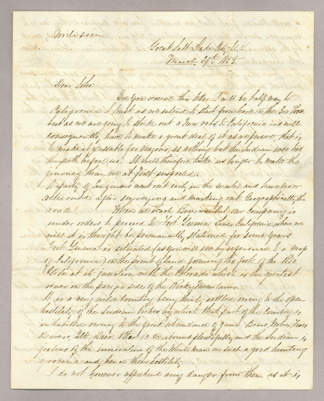 Letter. Tho[ma]s L[owry] Young, Great Salt Lake City, Utah Territory, to "Dear John" [John E. Brownlee], n. p., Page 1