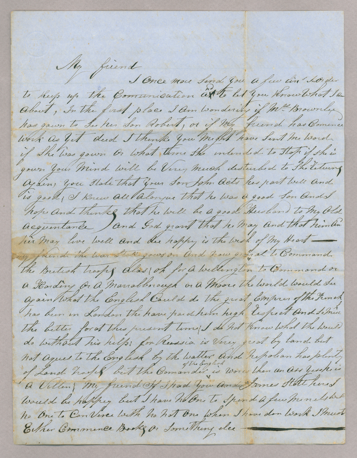 Letter. John Ward, Taunton, Massachusetts, to Robert B[rownlee], n. p., Page 1