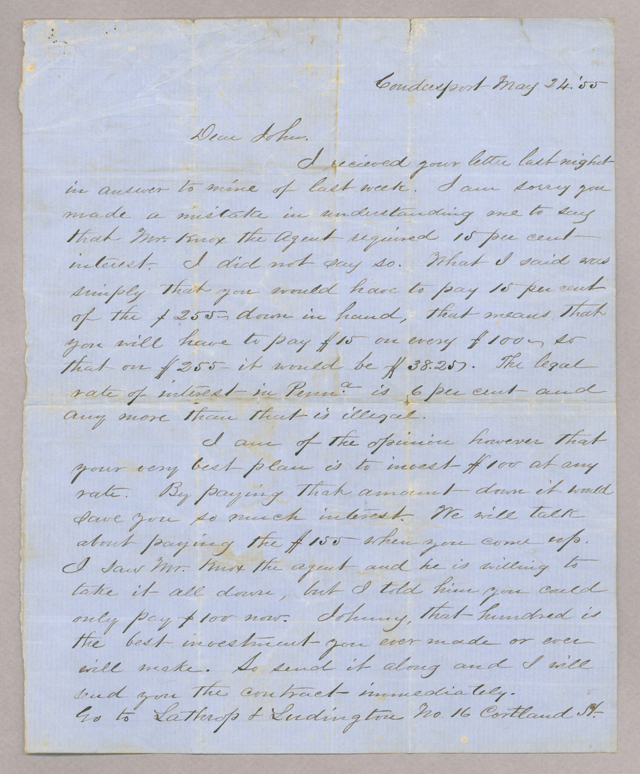 Letter. Hugh Young, Coudersport, Pennsylvania, to "Dear John" [John E. Brownlee], n. p., Page 1