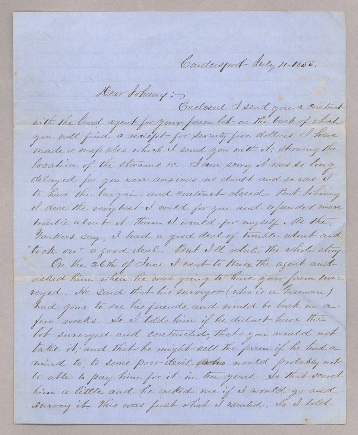 Letter. Hugh Young, Coudersport, Pennsylvania, to "Dear Johnny" [John E. Brownlee], n. p., Page 1