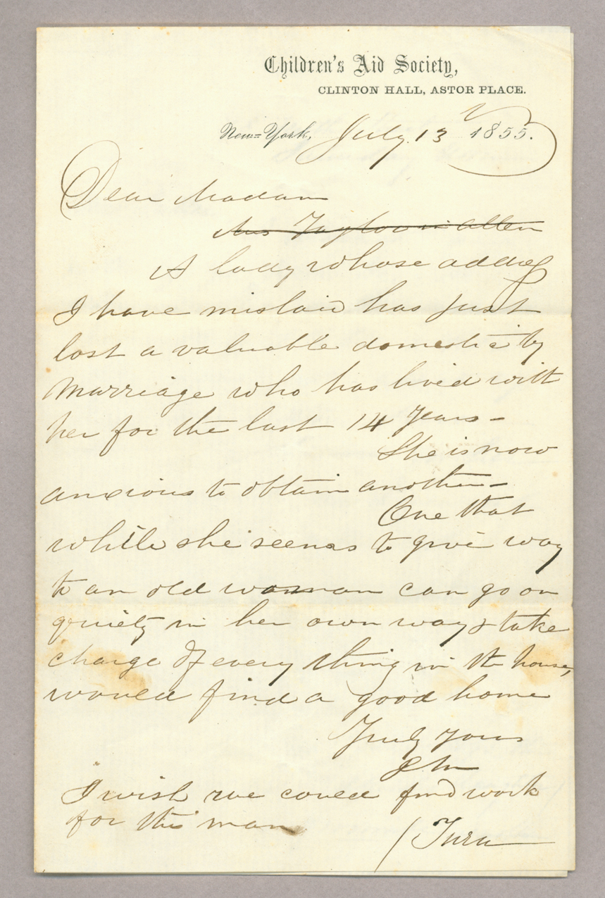 Letter. Children's Aid Society, New York, New York, to "Dear Madam", n. p., Page 1