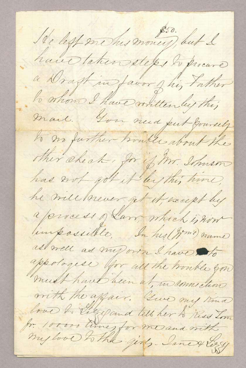 Letter. Tho[ma]s L[owry] Young, Fort Yuma, California, to "Dear Johny" [John E. Brownlee], n. p., Page 4