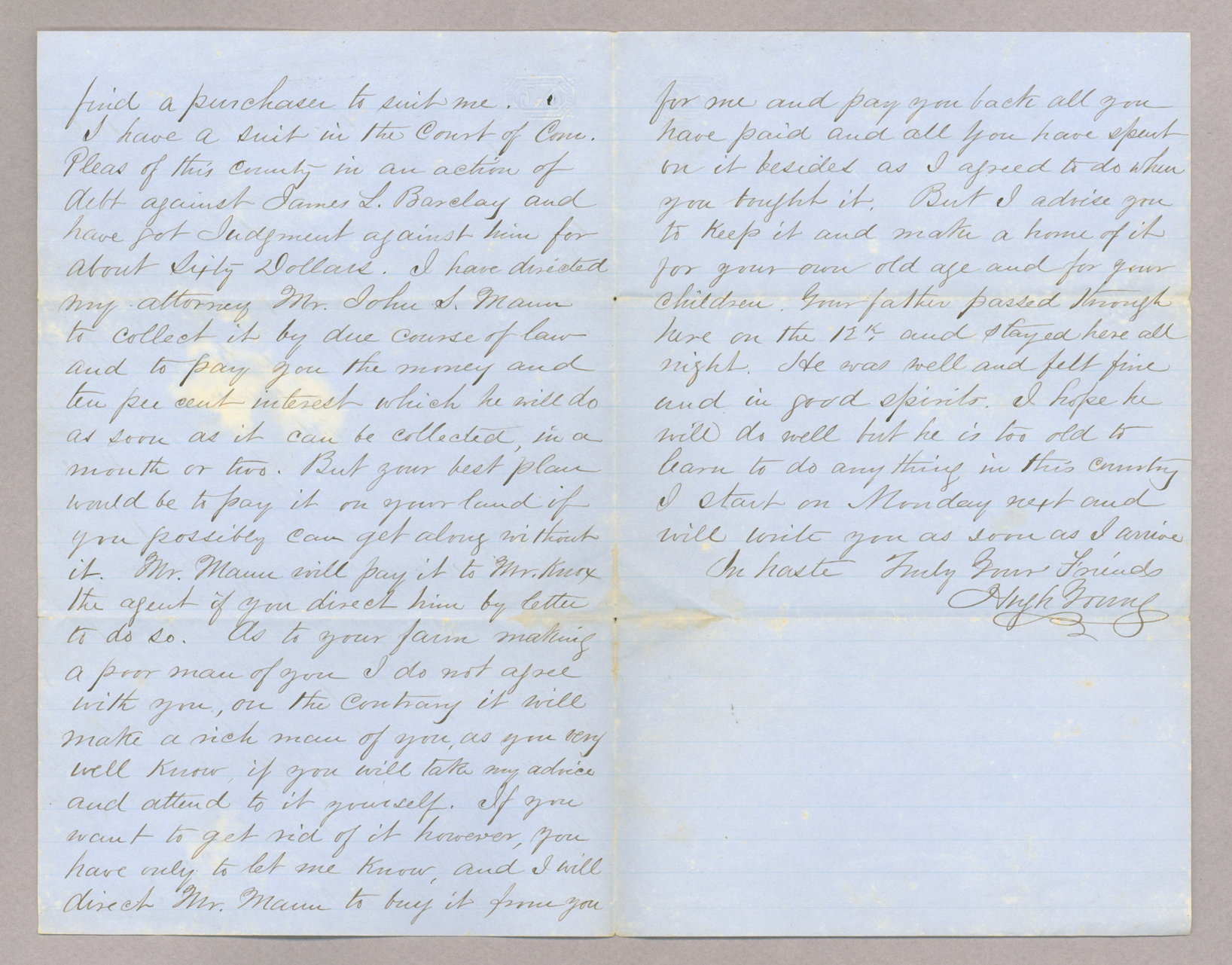 Letter. Hugh Young, Coudersport, Pennsylvania, to "Dear Johnny" [John E. Brownlee], n. p., Pages 2-3