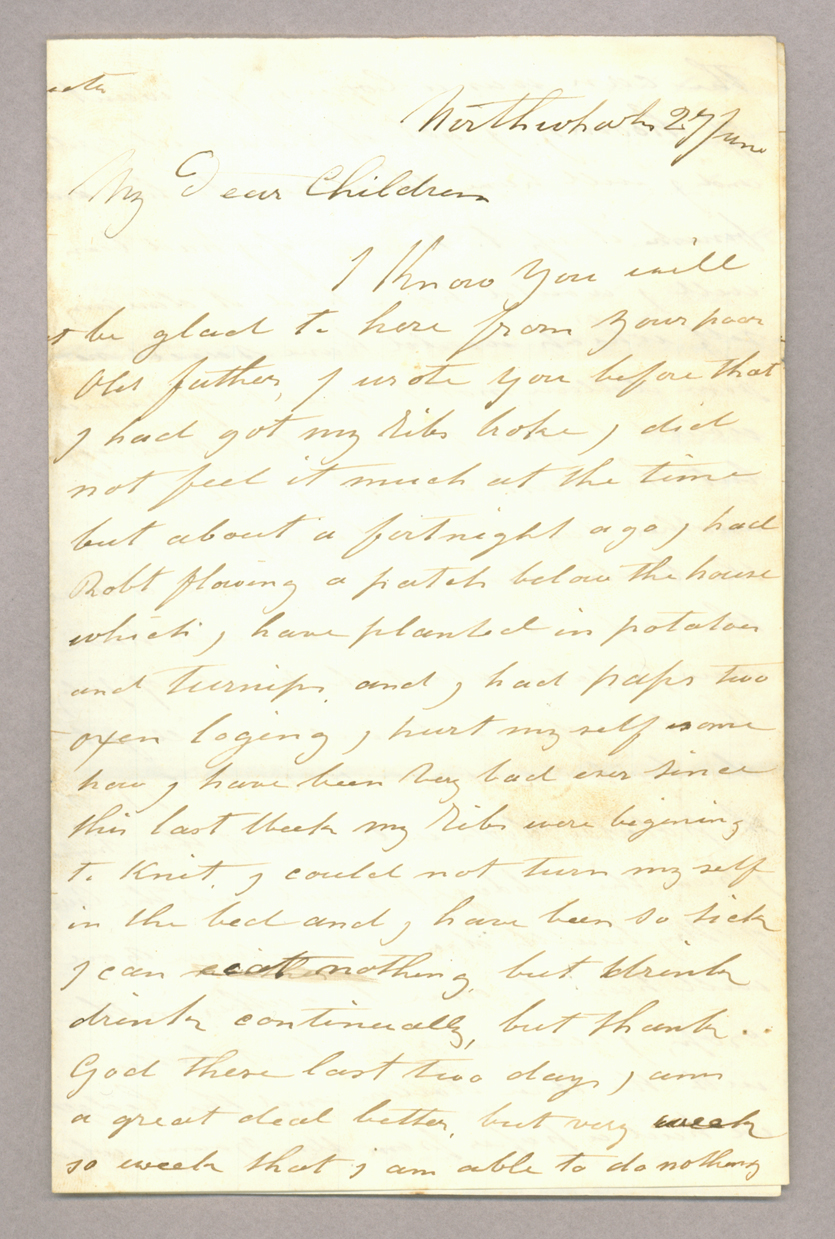 Letter. R[obert] Brownlee, North Wharton, Pennsylvania, to "My dear children" [John E. and Elizabeth Savage Brownlee], n. p., Page 1