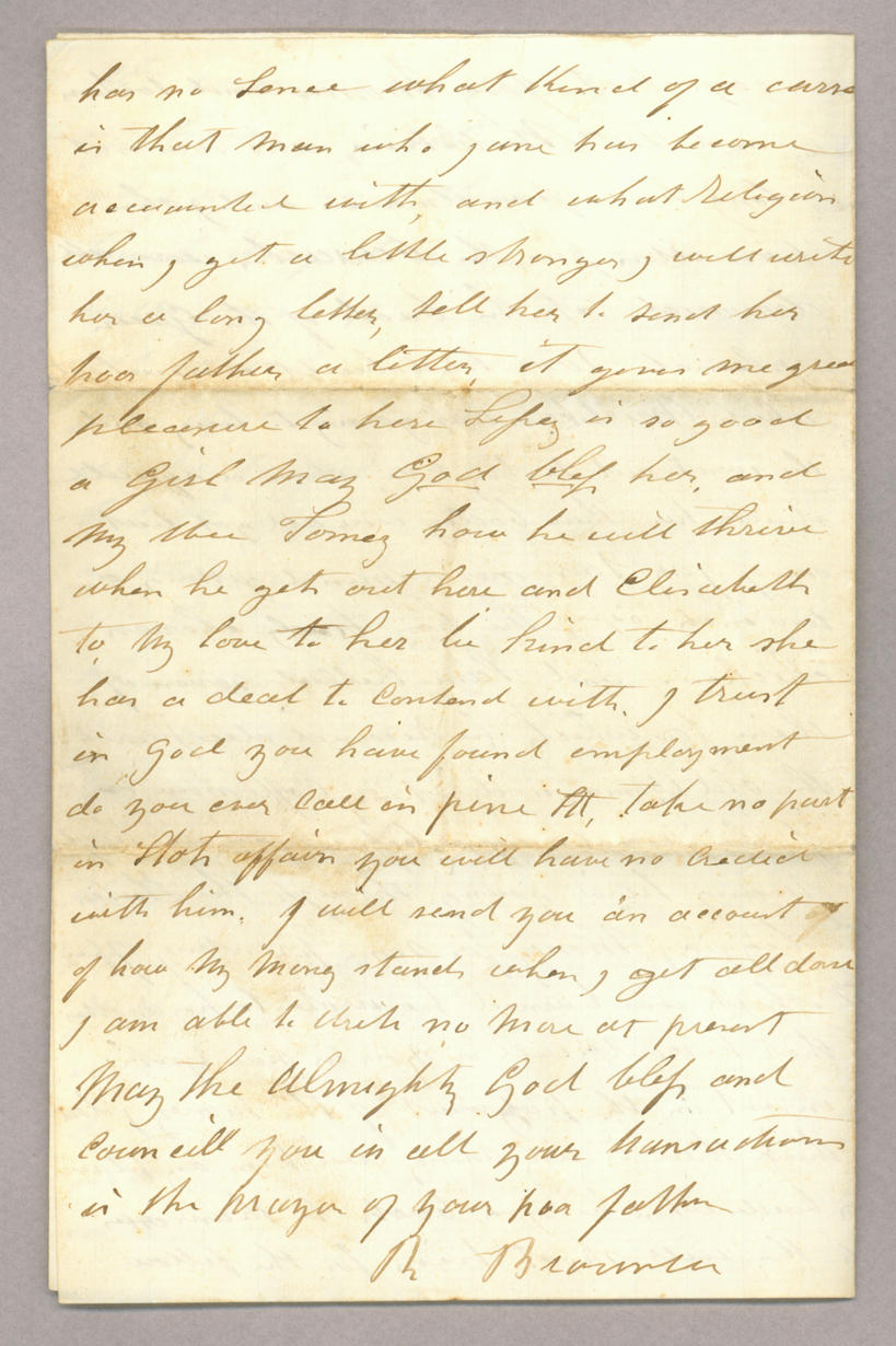Letter. R[obert] Brownlee, North Wharton, Pennsylvania, to "My dear children" [John E. and Elizabeth Savage Brownlee], n. p., Page 4