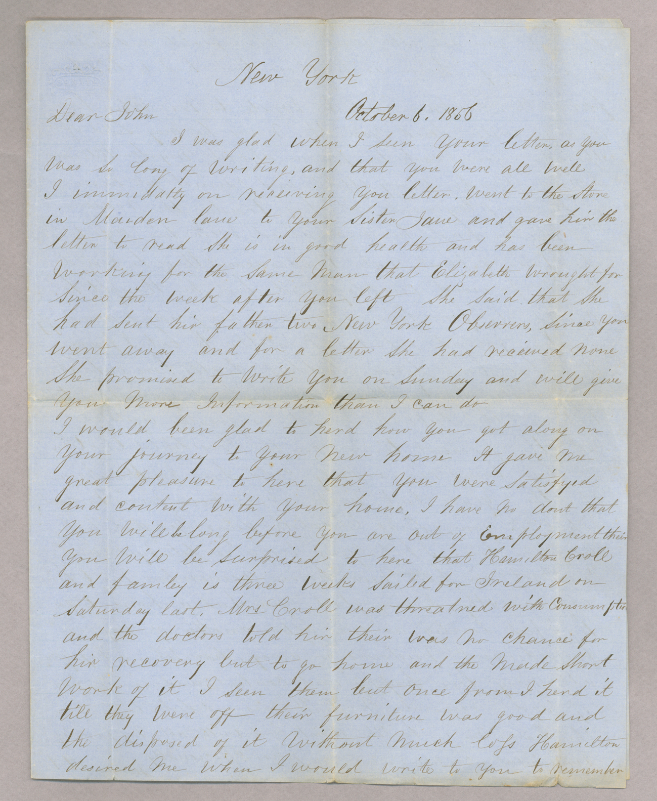 Letter. James Stott, New York, New York, to "Dear John" [John E. Brownlee], n. p., Page 1