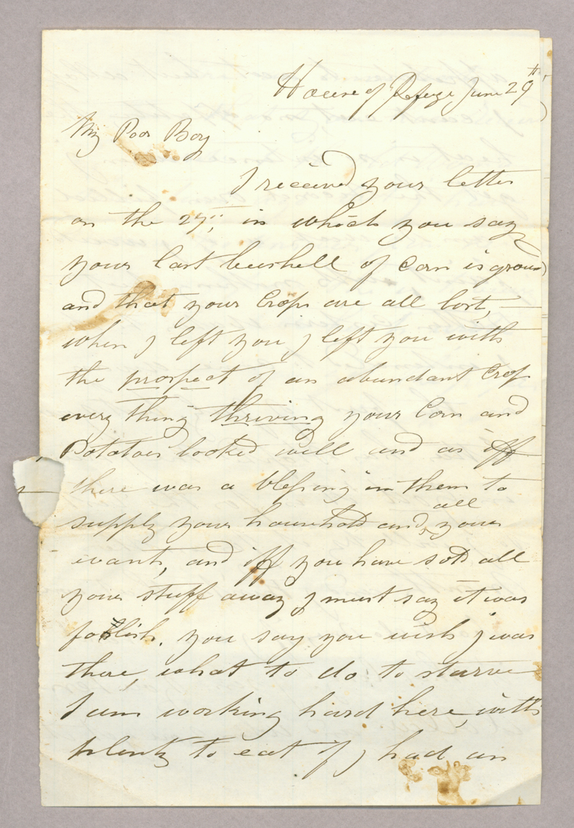 Letter. R[obert] Brownlee, House of Refuge, Cincinnati, Ohio, to "My Poor Boy" [John E. Brownlee], n. p., Page 1